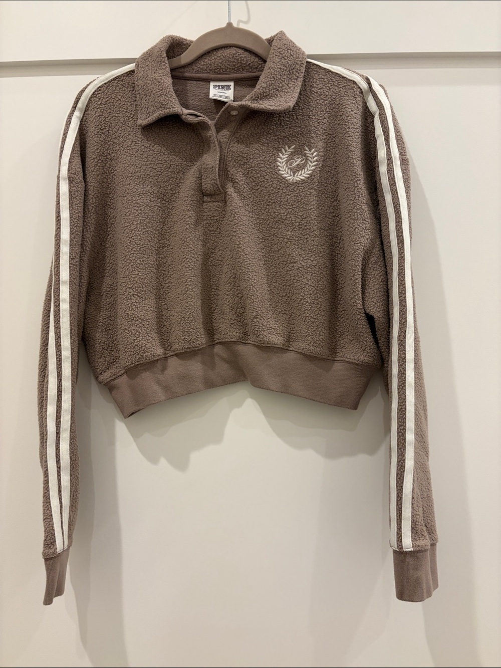 PINK Victoria's Secret Taupe Cropped Sherpa Pullover with White Sleeve Stripes
